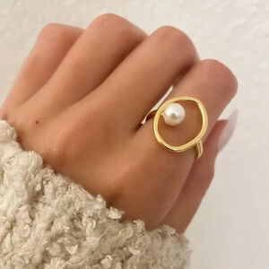 925 Sterling Silver Gold Pearl Statement Ring Boho Minimalist Oval Round Ring